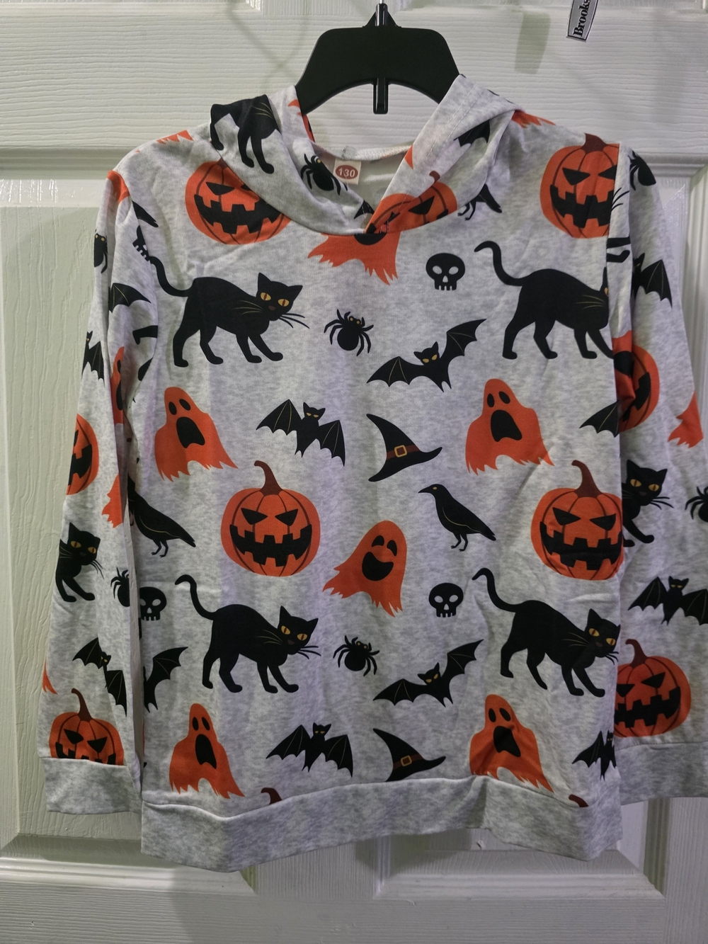 Kids Halloween Hoodie - Gray with Black & Orange Pumpkin Print